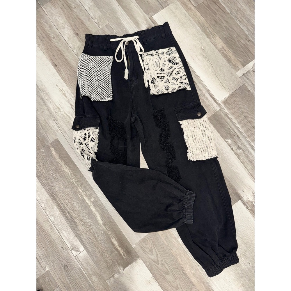 POL Cargo Joggers Women Black Distressed Crochet Lace Patchwork SMP529A Small